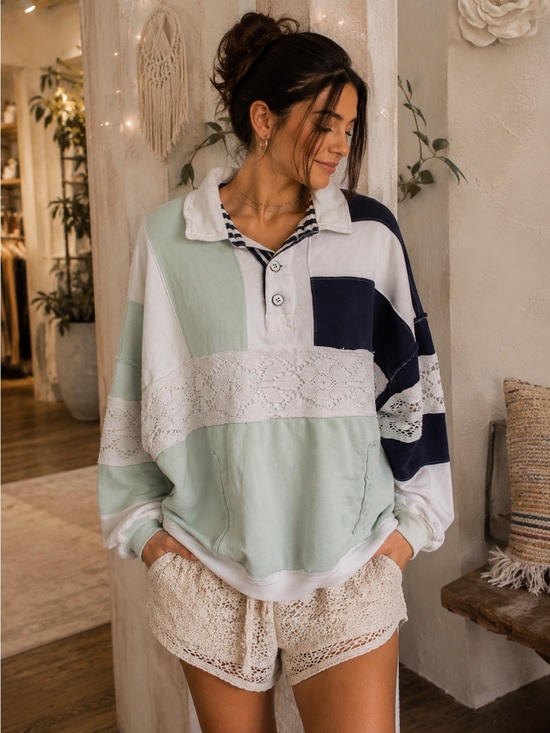 We The Free Tops - Free People We The Free Colorblock Crochet Lace Oversized Sweatshirt Tunic XS